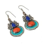 Coral Turquoise Lapis Lazuli Earring Tibetan Vintage Nepali Jewelry 2.3" 5453. Fixed Price $12.95.